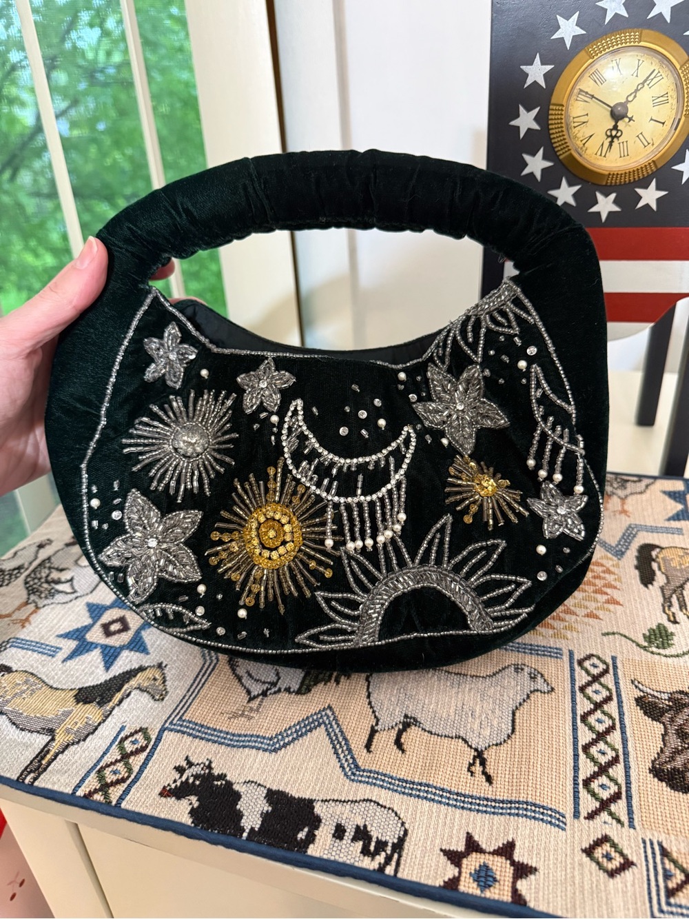 Embroidered Velvet Evening Bag in Dark Green